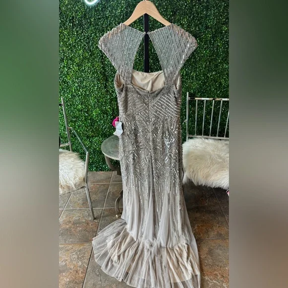 adrianna papell silver beaded dress Adrianna Papell Halter Beaded Mermaid Gown, Womens, 14, Black main image 0